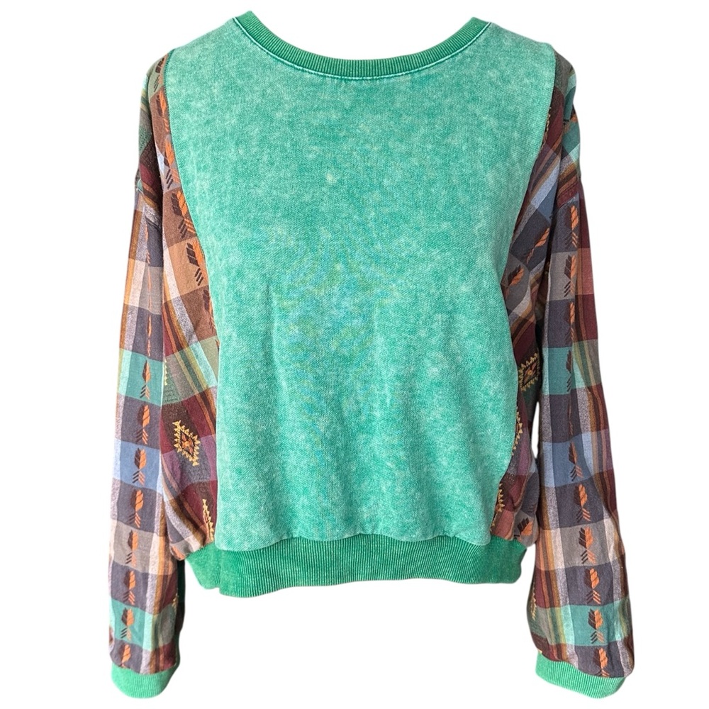 Promesa Green Acid Wash Sweatshirt Southwestern Boho Flannel Sleeves Size Medium